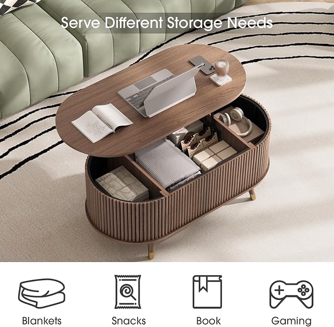 SULIVES Oval Coffee Table with Storage, Small Fluted Center Table