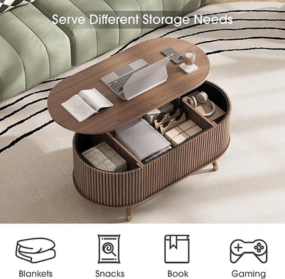 SULIVES Oval Coffee Table with Storage, Small Fluted Center Table