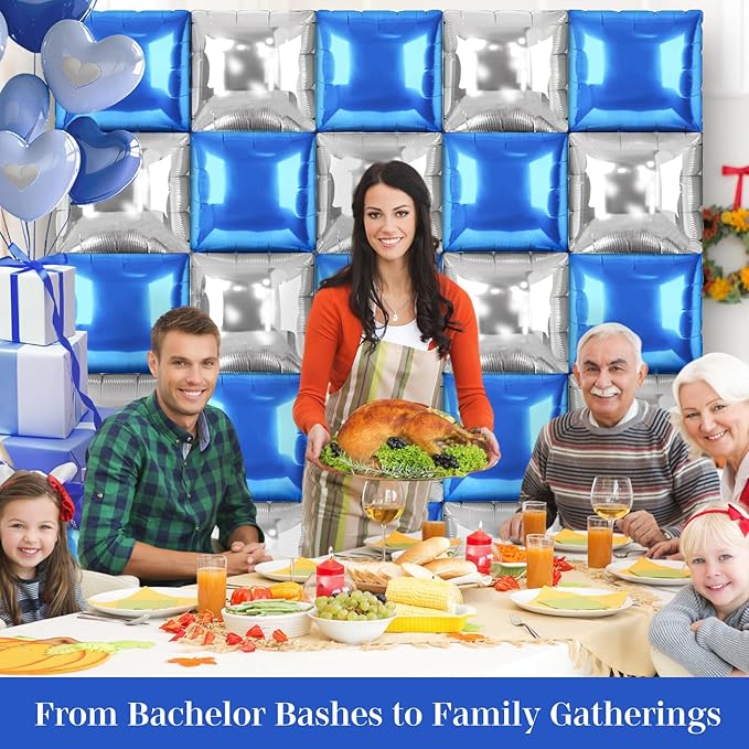 Blue and Silver Square Foil Balloons 25 Pcs Metallic Blue and Silver Balloons Wall Backdrop for New Year Graduation Birthday Bridal Shower Party Arch Backdrop Decorations