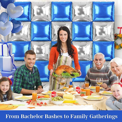 Blue and Silver Square Foil Balloons 25 Pcs Metallic Blue and Silver Balloons Wall Backdrop for New Year Graduation Birthday Bridal Shower Party Arch Backdrop Decorations