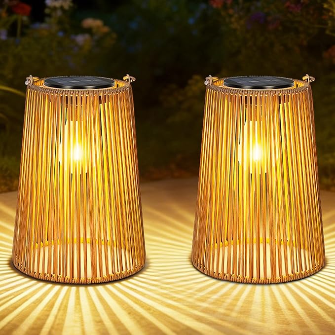 2 Pack Solar Lanterns, Outdoor Waterproof Hanging Rattan Woven Solar Lights with Auto On/Off, Decorative Gifts for Mom, Garden, Yard, Patio, Tree, Porch, Lawn, Pathway Outside Tabletop Decor