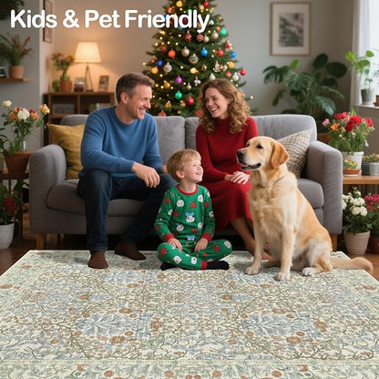 Vintage Beige Blue Living Room Rug, 6x9 Washable Area Rugs for Dining Room Under Table, Soft Low Pile Large Carpet Bedroom, Non-Slip Boho Floral (6 x 9 Beige Blue)