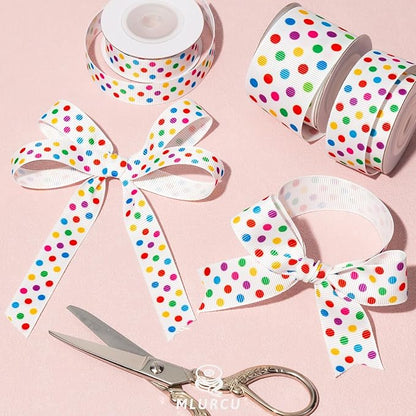 Polka Dot Ribbon Set 3 Rolls 5/8", 7/8", 1.5" Rainbow Colored Dot Grosgrain Ribbons for Gift Wrapping, Birthday Party, Baby Shower, Wreaths, Hair Bows, Banners, Candy Bags, DIY Crafts