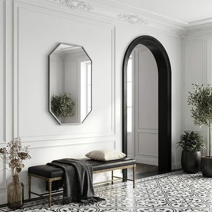 20"x28" Octagon Metal Mirror, Farmhouse Silver Bathroom Mirror, Rectangle Wall Mounted Vanity Mirror Hanging for Bedroom Entryway Living Room Farmhouse Horizontal/Vertical