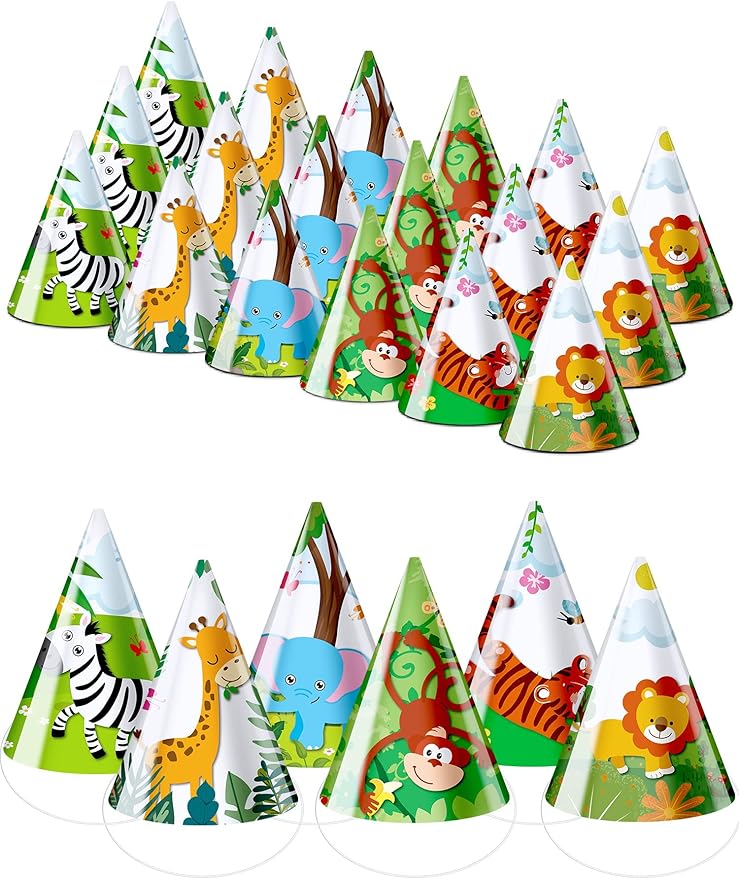 30 Pcs Animal Party Hats for Kids Safari Birthday Cone Hats 6 x 7.87" Jungle Zoo Birthday Party Supplies Decorations for DIY Photo Props Toddlers Baby, Tiger, Giraffe, Elephant, Monkey, Lion, Zebra