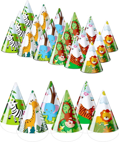 30 Pcs Animal Party Hats for Kids Safari Birthday Cone Hats 6 x 7.87" Jungle Zoo Birthday Party Supplies Decorations for DIY Photo Props Toddlers Baby, Tiger, Giraffe, Elephant, Monkey, Lion, Zebra
