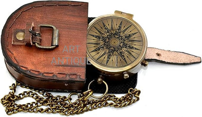 Vintage Brass Pocket Compass with Leather Case, Engraved Antique Nautical Compass for Hiking Camping Survival Navigation, Unique Gift for Men Women Husband Wife Anniversary Birthday Christmas