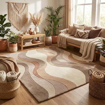 Geometric Multicolor Hand Tufted Wool Area Rug Modern Style Curve Pattern Warm Backing Floor Rug for Bedrooms Lounge Entryways & Gallary 6x6 Feet