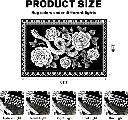 4'x6' Gothic Snake and Rose Area Rug Black and White Floral Vine Floor Mat Retro Boho Carpet Washable Low Pile Indoor Rugs for Entryway Bedroom Living Room Kitchen Home Decor