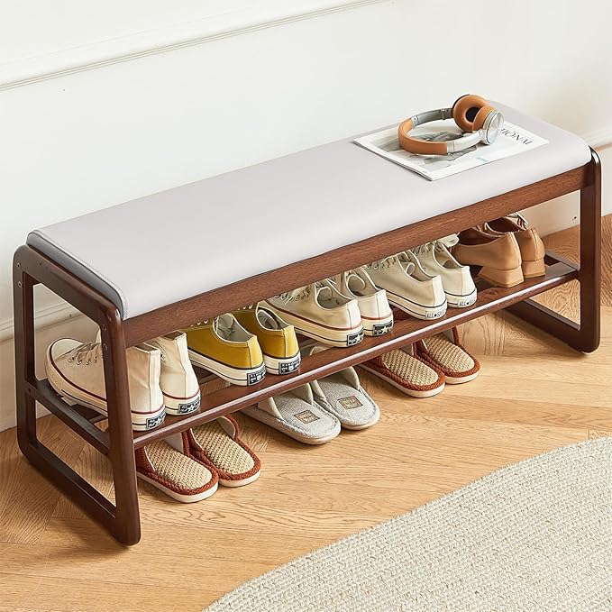 Solid Wood Shoe Bench, 2-Tier Wooden Storage Entryway Bench, Mid-Century Modern Shoe Bench Rack, End of Bed Bench with Faux Leather Cushion, Ottoman Bench for Hallway, Living Room (Cream Grey 31.5'')