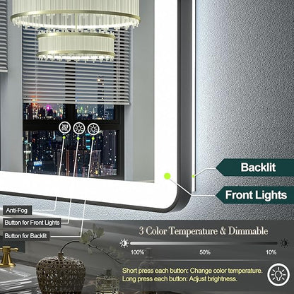 60"x30" LED Lighted Bathroom Mirror for Wall, Large Framed Bathroom Vanity Mirror with Lights, Independent Backlit and Front lit, Dimmable, Anti-Fog, Shatterproof, Memory, ETL Listed