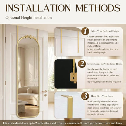 Besdomus Door Mirror Full Length: 14"x50" Gold Vintage Bow Over The Door Hanging Mirror - Antique Baroque Traditional Ornate Full Body for Girls Bedroom/Cloakroom/Living Room - Ideal for Teen Girl