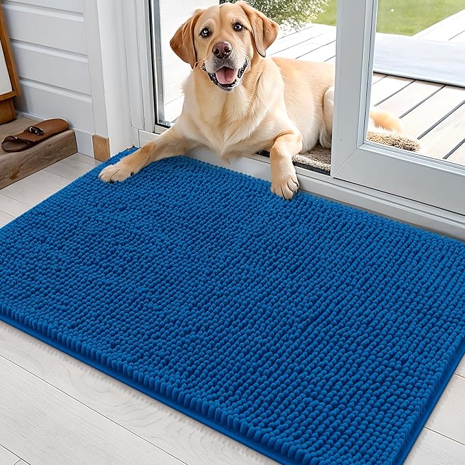 OLANLY Dog Door Mat for Muddy Paws 36x24, Absorbs Moisture and Dirt, Absorbent Non-Slip Washable Doormat, Quick Dry Chenille Mud Mat, Entry Indoor Entryway Carpet for Inside Floor, Deep Navy Blue