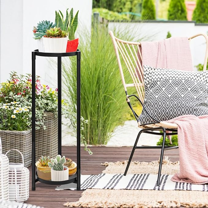 2 Tier Plant Stand Indoor Tall, Black Corner Tiered Round Plant Stand for Indoor Multiple Plants, Metal Flower Pot Stands Outdoor Holders Plant Shelf Display Rack for Balcony Living Room