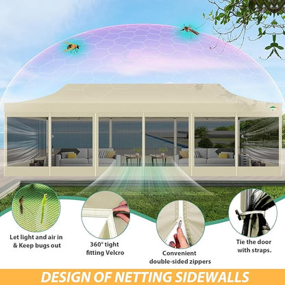 COBIZI 10x30 Pop Up Canopy with Sidewalls, Heavy Duty Canopy with Mosquito Netting, Easy up Screen Party Tents for Parties Backyard Outdoor Commercial Event Gazebo with Roller Bag, Sandbags, Khaki