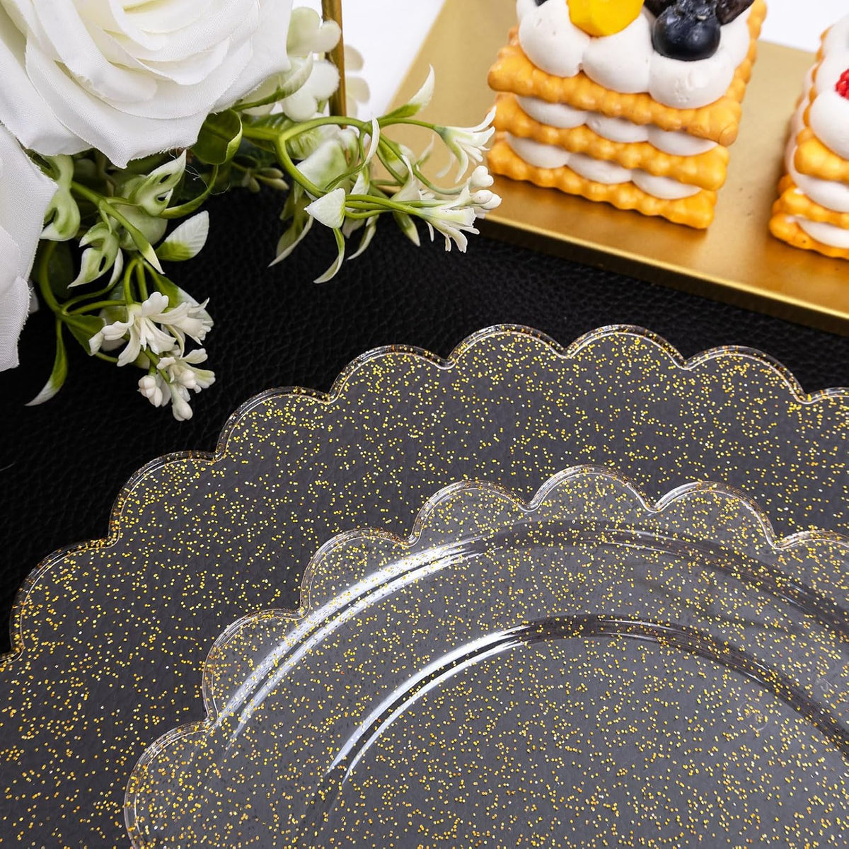 LIYH 60 Pcs Gold Glitter Plastic Scalloped Plates - Disposable Heavyduty Combo Plastic Plates Dishes Included 30 Dinner Plate 30 Dessert Plate for Weddings Party Birthday