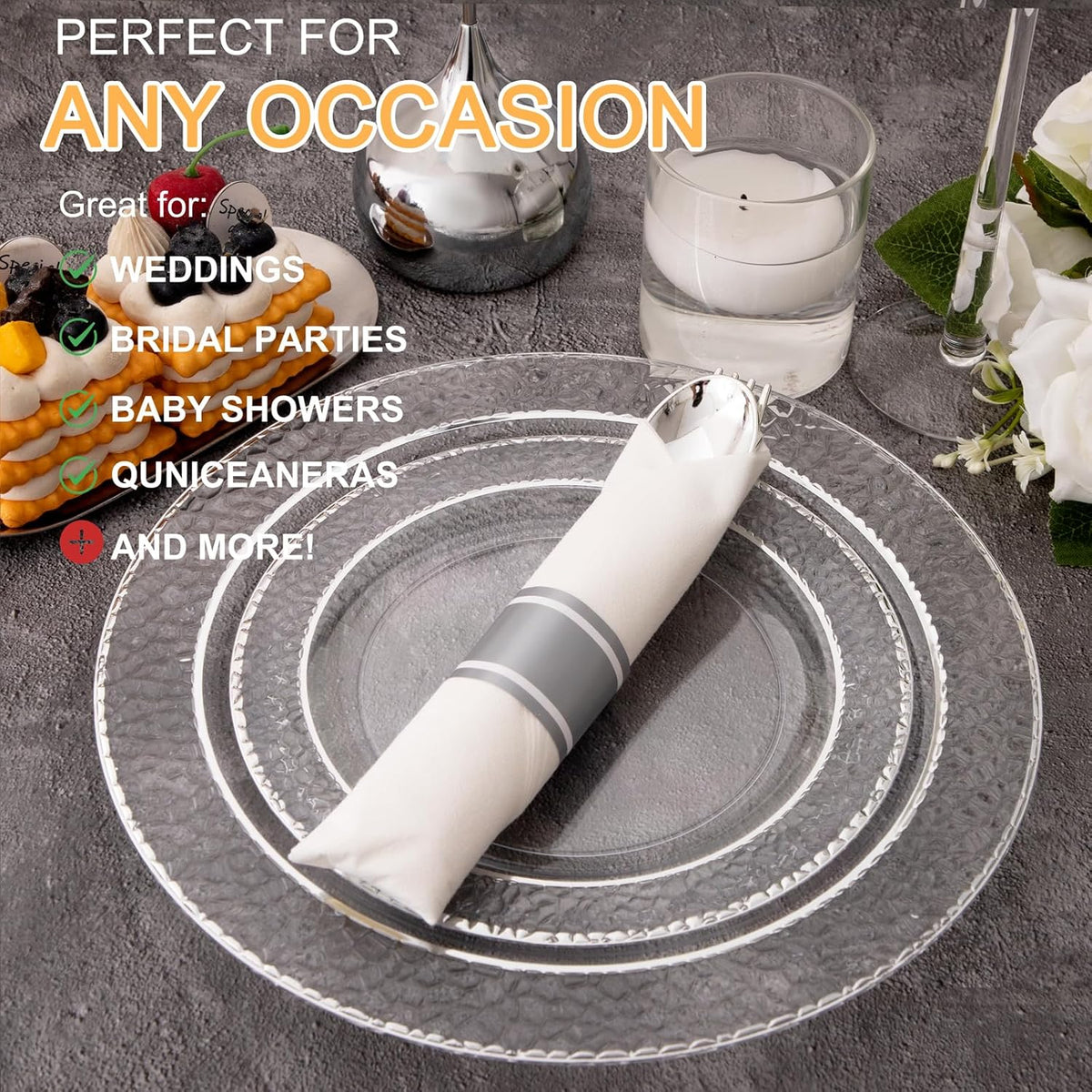 400PCS Pre Rolled Silver Plastic Silverware Sets - Heavy Duty Hammered Silver Cutlery - Include 100 Pack Wrapped Disposable Utensils with Napkins for Parties & Dinners & Weddings