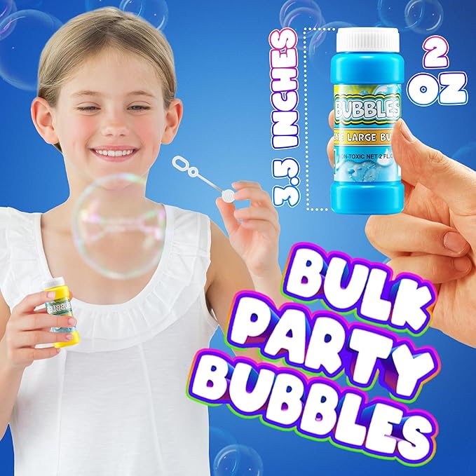 Party Bubbles for Kids - (Bulk Pack of 24) 2-oz Bubbles Bulk Solution with Bubble Wands Assorted Neon Colors for Outdoor Toys Summer Games, Birthday Party Favors, & Goodie Bags Stuffers
