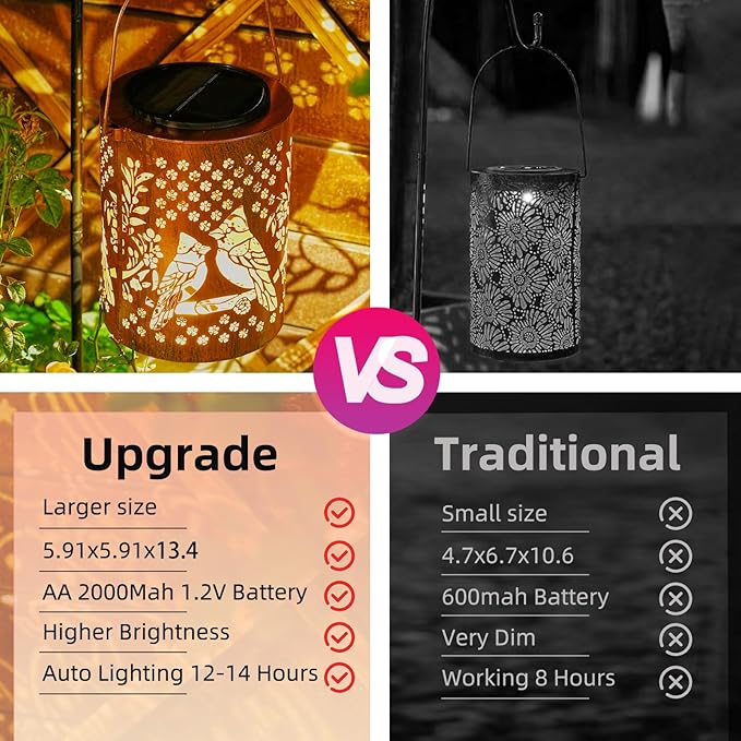 Mothers Day Gifts, Cardinal Solar Lantern Outdoor Waterproof, Large 13.4" Metal Decorative Hanging Lantern, Oversized Solar Panel & 2000mAh Battery, Warm Glow for Garden Decor & Patio Ambience