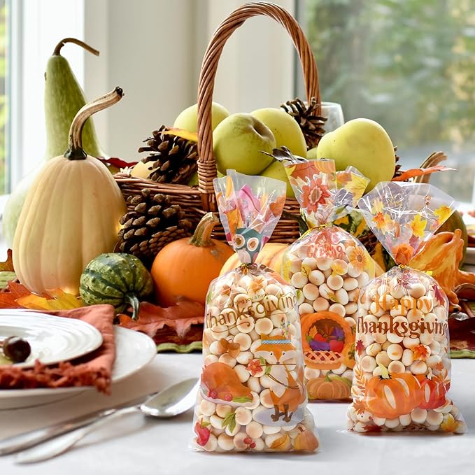 Pedenty 160 Pcs Thanksgiving Cellophane Treat Bags – 4 Fall-Themed Candy Bag Designs with Ties – Autumn Party Favor Goodie Bags for Thanksgiving Party, Classroom Exchange, or Holiday Treats