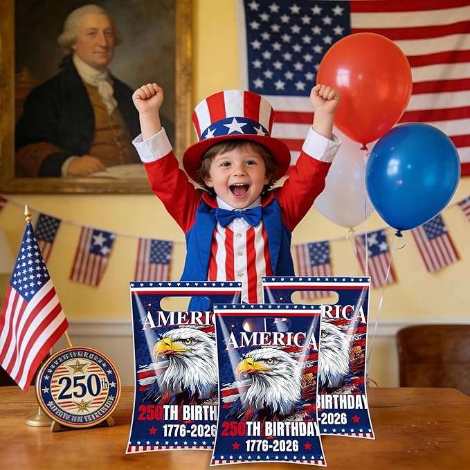 Hokinaa 250th Anniversary Goodie Bag - 50 Pcs 250 Birthday Plastic Merchandise Gift Treat Party Favors Candy Bags Bulk with Handles Patriotic America Decorations Decor Supplies for 4th of July USA