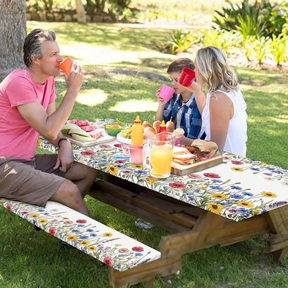 Picnic Table Cover with Bench Covers Elastic Edges, Wildflower Floral Camper Fitted Table Cover, Outdoor Camping Essentials 72 Inch 3PCS, Waterproof Camping Fitted Tablecloth with Drawstring Bag