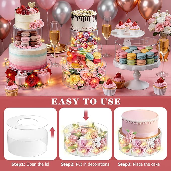 SAMYUCHO 2 Pcs Acrylic Cake Stand 6" Dx4 H 10" Dx4 H with Led Lights for Party Wedding Cake Stand Clear Cake Cupcake Display Stand Centerpiece Tier Floating Cup Cake Supports Stands for Stacking