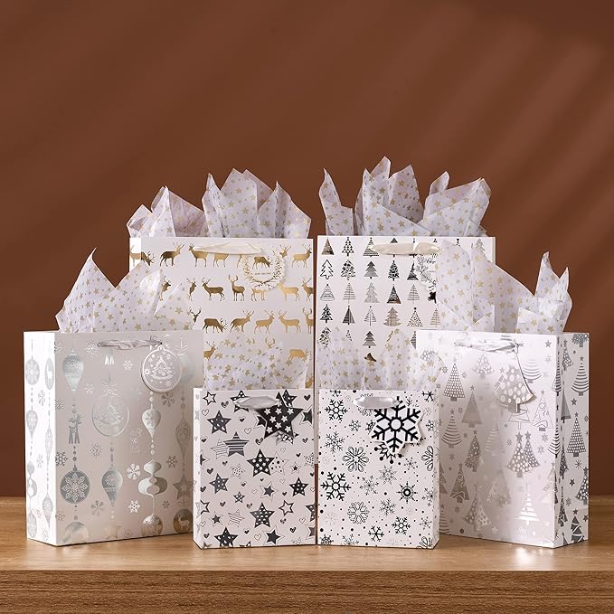 SHIPKEY 12 Pack Gift Bags, Large Silver Paper Bags 10x4x13 Inches with Tissue Paper, for Christmas Presents