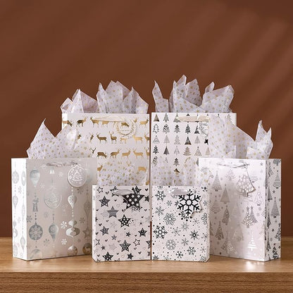 SHIPKEY 12 Pack Gift Bags, Large Silver Paper Bags 10x4x13 Inches with Tissue Paper, for Christmas Presents
