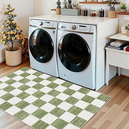 Green White Checkered Entry Rug - 3x5 Ft Non-Slip Washable Indoor Outdoor Front Door Mat Outside Entrance Porch Rug Geometric Rugs for Living Room Bedroom Entryway Kitchen Office Porch Decor