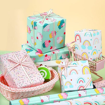 LeZakaa Mini Wrapping Paper Roll - Mini Roll - Cupcake/Rainbow/Colorful Stripe for Birthday, Party, Holiday, Baby Shower - 17 x 120 inches - 3 Rolls (42.5 sq.ft.ttl.)