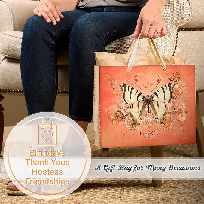 Christian Art Gifts Large Landscape Scripture Gift Bag for Women w/Greeting Card & Tissue Paper Set: Grace - Eph. 2:8 Inspirational Bible Verse, Butterfly Multicolor Floral w/Shiny Gold, Deep Orange