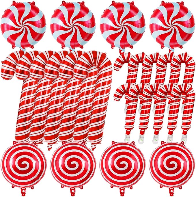 Christmas Candy Cane Balloons, 24 Pcs Christmas Foil Mylar Balloons, Large Red Candy Cane Balloons for Xmas Birthday Candy Themed Party Decorations
