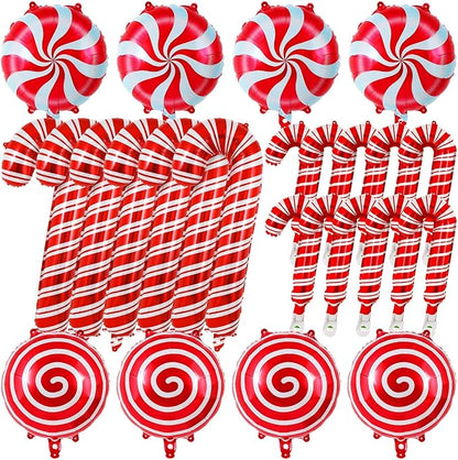 Christmas Candy Cane Balloons, 24 Pcs Christmas Foil Mylar Balloons, Large Red Candy Cane Balloons for Xmas Birthday Candy Themed Party Decorations