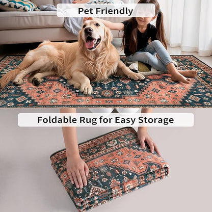 Tangsoo 6x9 Area Rug for Living Room,Oriental Machine Washable Large Rugs,Vintage Non-Slip Rug Soft Low Pile Foldable Floor Rug for Bedroom Dining Room Dorm Office Home Decor Red Blue