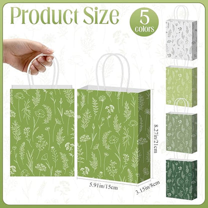 Kolldenn 50 Pcs Sage Green Wildflower Gift Bags with Handles Paper Floral Goodie Welcome Bag for Wedding Guest Baby Shower Bridal Birthday Party Favor, 5.91 x 3.15 x 8.27 Inches