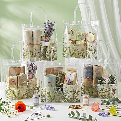 Kacctyen 24 Pcs Gift Bags for Party Favor Clear Goodie Bags with Handle 7.87 x 7.87 x 3.15 Return Gift Wrap Totes for Guests Treat Candy Wrapping(Vintage Wildflowers)