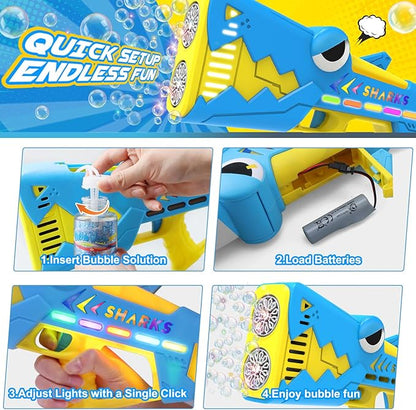 Bubble Gun for Kids Ages 4-8: Shark Light Up Bubble Machine for Toddlers, Rechargeable, 2 Bubble Solution, Outdoor Toy Party Birthday Gift for 3 4 5 6 7 8 Year Old