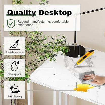 Lutown-Teen 35 inch Folding Small Desk, Writing Gaming Computer Camping Desk for Small Spaces, No Assembly Required Home Office Table, White Marble