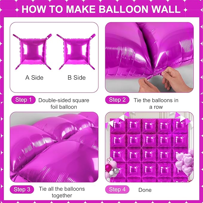 Hot Pink Square Foil Balloons 25 Pcs Metallic Hot Pink Balloons Wall Backdrop for New Year Graduation Birthday Bridal Shower Party Arch Backdrop Decorations