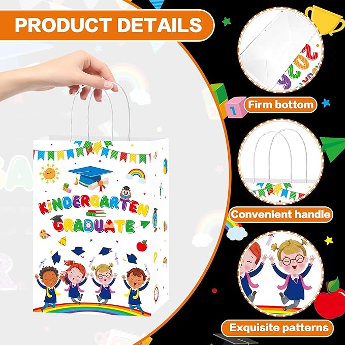 MOIZYNG 16PCS Kindergarten Graduation Gift Bags with Handles, Peace Out Kindergarten Next Stop 1st Grade Paper Treat Candy Goodie Bags for Boys Girls Kids Graduation Party Favors Supplies