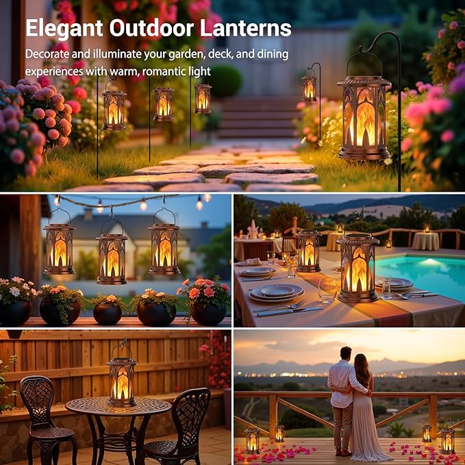 KOOPER Taller Solar Lanterns Outdoor Waterproof Hanging Solar Lantern Lights, 2Pack Upgraded Flickering Flame Lanterns Decorative Outdoor, Battery & Solar Powered lantern for Garden Yard Decor, Bronze