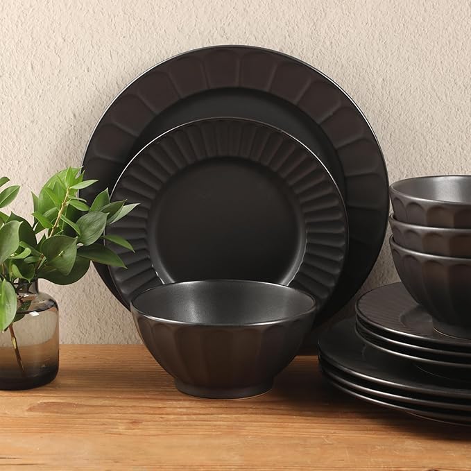 Gibson Elite Winchester Way 12-Piece Embossed Stoneware Dinnerware Set – Reactive Matte Glaze, Durable Lightweight-Tech Plates & Bowls, Everyday Dish Set, Microwave & Dishwasher Safe – Black