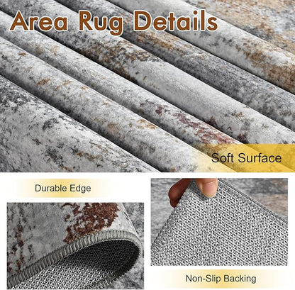 9x12 Ft Extra Large Washable Area Rugs for Living Room, Soft Non-Slip Modern Abstract Print Pattern Carpet for Bedroom Indoor Floor Nursery Home Decor (Grey/Gold-Brown/Red-Brown)