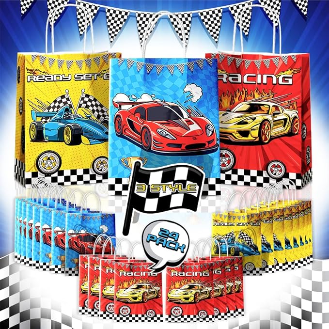 24 Pcs Racing Car Party Favor Bags with Handles - Race Car Goodie Bags Gift Bags. Checkered Two Fast Theme Candy Bags for Kids, Kraft Paper Bags for Birthday Party Supplies Decorations