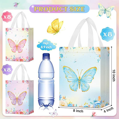 Locmeo 24 Pcs Butterfly Party Favor Bags with Handles Reusable Non Woven Butterfly Goodie Bags Pink Blue and Purple Candy Treat Gift Bag for Girl Boy Birthday Baby Shower Party, 8 x 4 x 10 Inch
