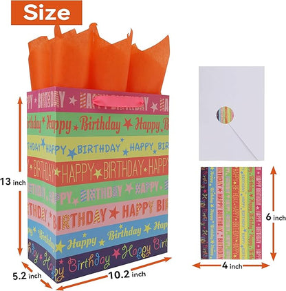 Qirrmiy 13'' Large Happy Birthday Gift Bag Set with Handles, Greeting Card, Tissue Papers and Stickers for Girls Women Kids Teens Boys Men, Words Design, 1 Pcs