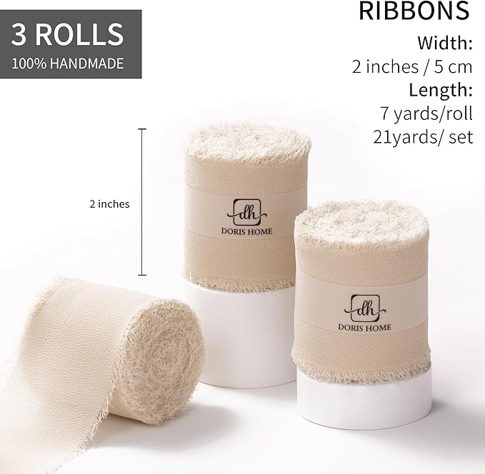 DORIS HOME Sand Chiffon Ribbon for Flower Bouquet, 2" x21Yd Fabric Ribbon for Gift Wrapping, Handmade Frayed Ribbon for Wedding, Chiffon Silk Ribbon for Christmas Decorations