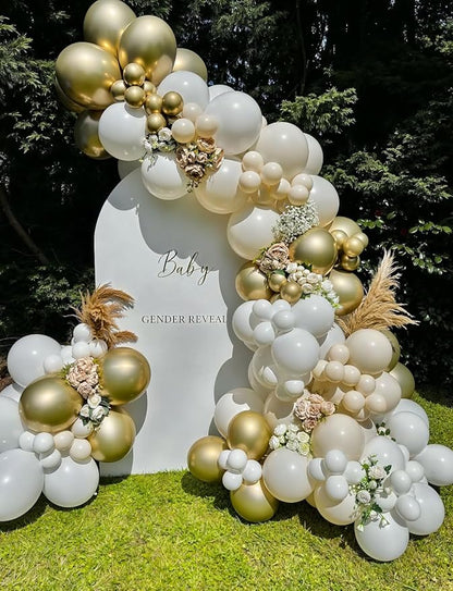 White Sand Gold Balloon Arch Garland Kit - 153Pcs Neutral Balloon Arch, White Beige Nude Balloons, Metallic Gold Latex Balloons for Birthday Baby Shower Baptism Wedding Boho Party Decorations