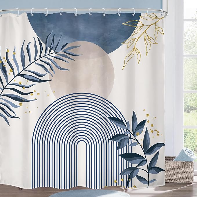 Blue Boho Shower Curtain 72Wx72H Modern Bohemian Abstract Leaves Plant Botanical Grey Mid Century Minimalist Arch Bathroom Decor Geometric Neutral Bath Curtain Fabric Polyester 12 Pack Hook